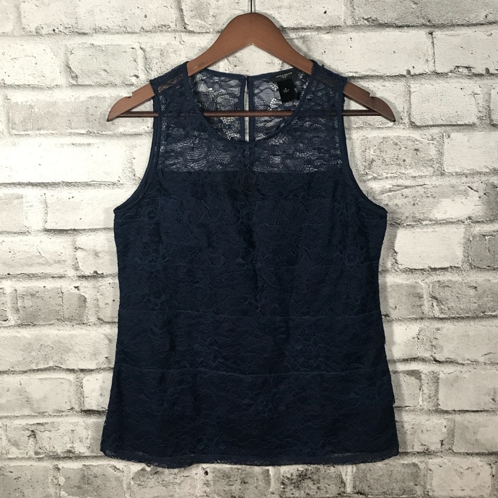 Ann Taylor  navy Lace Overlay Sleeveless Blouse